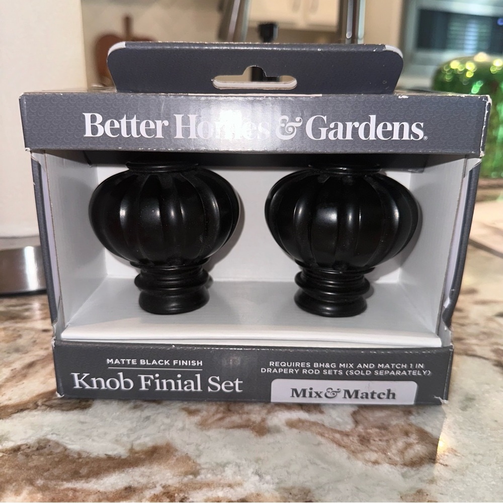Better Homes & Gardens Knob Finial Set for Curtain Rod Matte Black Finish